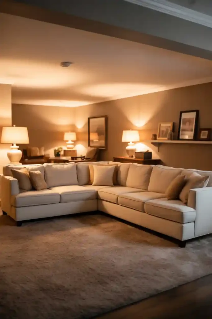Cozy Family Room Basement with Plush Carpet