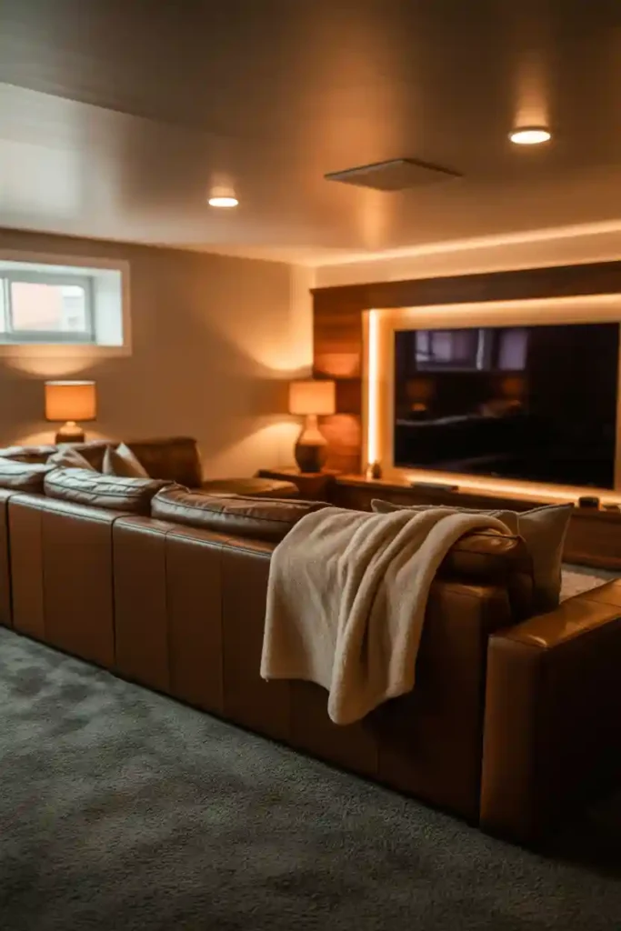 Basement TV Room with Carpet and Layered Lighting