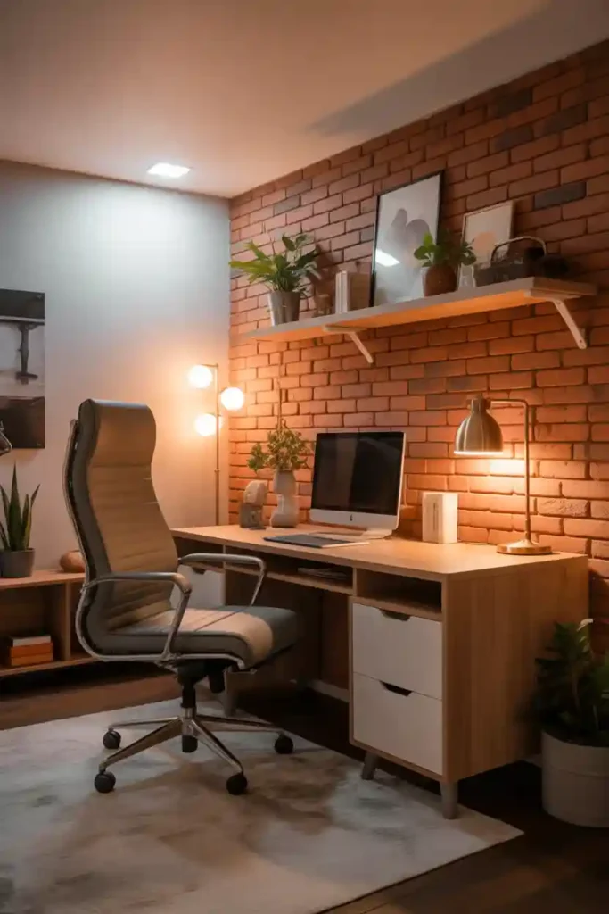Brick Feature Wall in a Basement Office