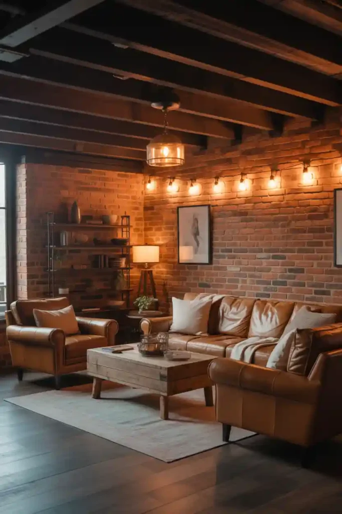 Brick Feature Wall in a Basement Office