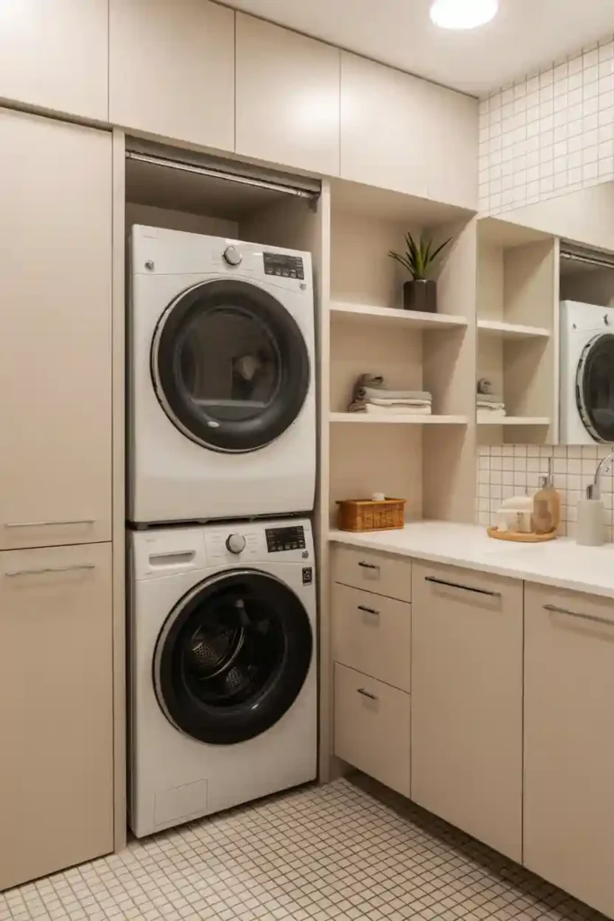 Stackable Washer Dryer in a Bathroom Corner