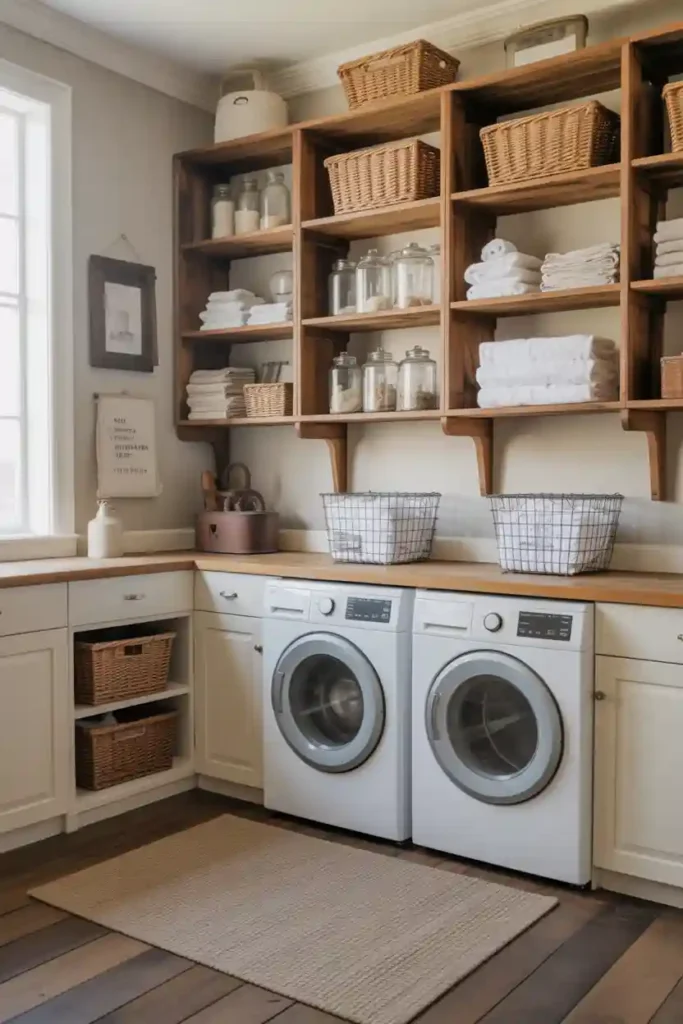 Open Wooden Shelving with Collected Decor
