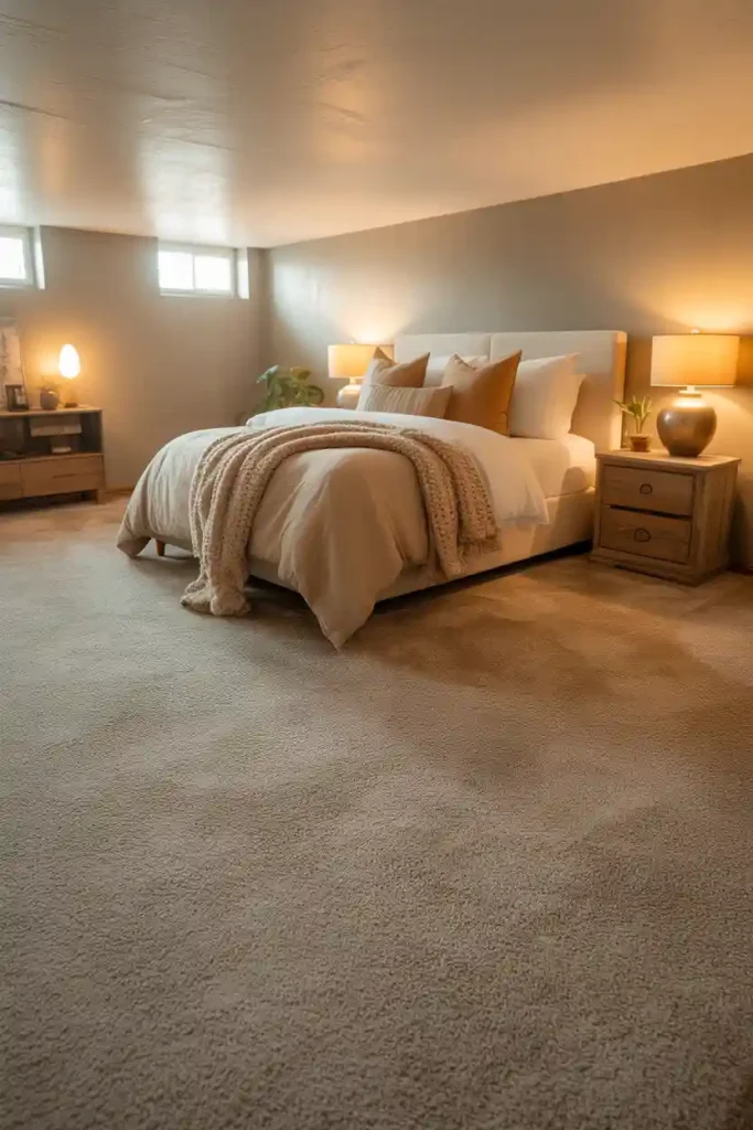 Warm Basement Guest Bedroom with Carpet