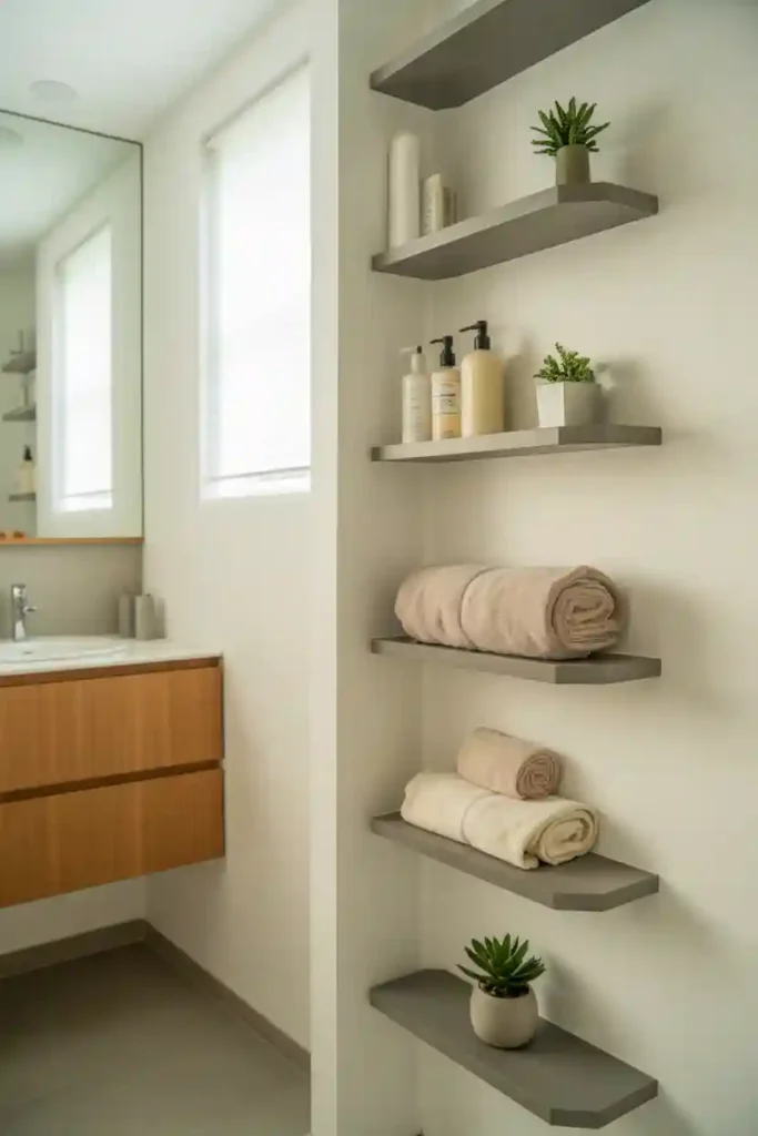 Corner Floating Shelves to Maximize Small Bathrooms