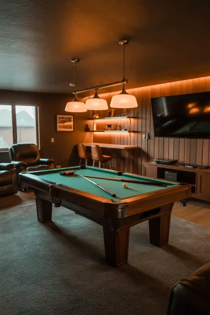 Basement Game Room with Durable Carpet