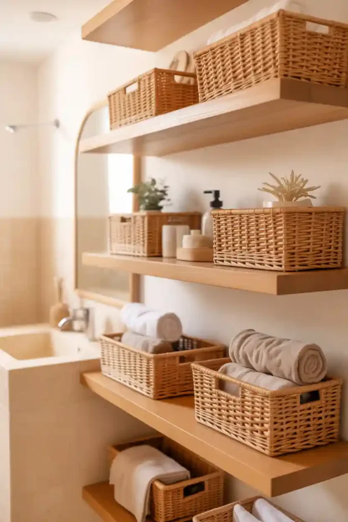 Floating Shelves with Baskets for Organized Style