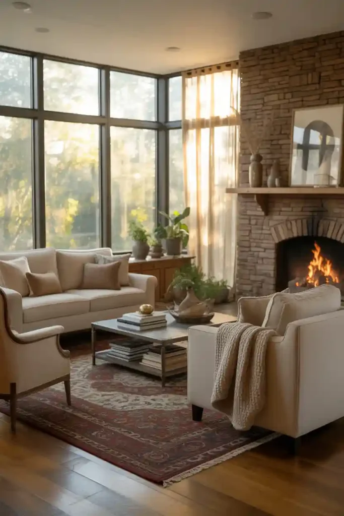Fireplace Paired with Large Windows