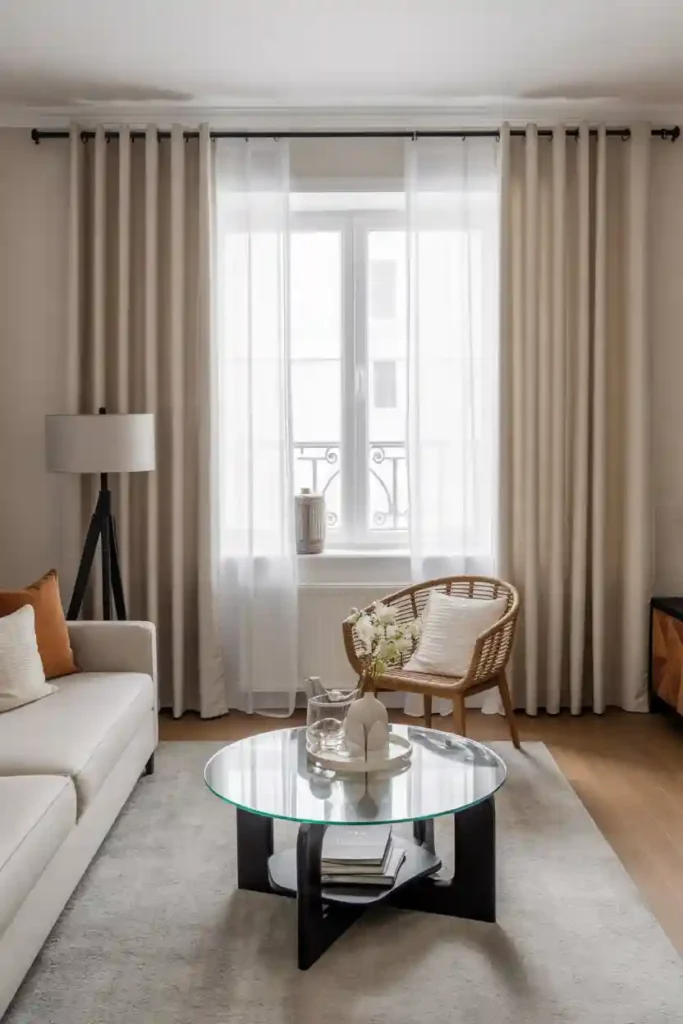 Neutral Curtains with Black Hardware Contrast