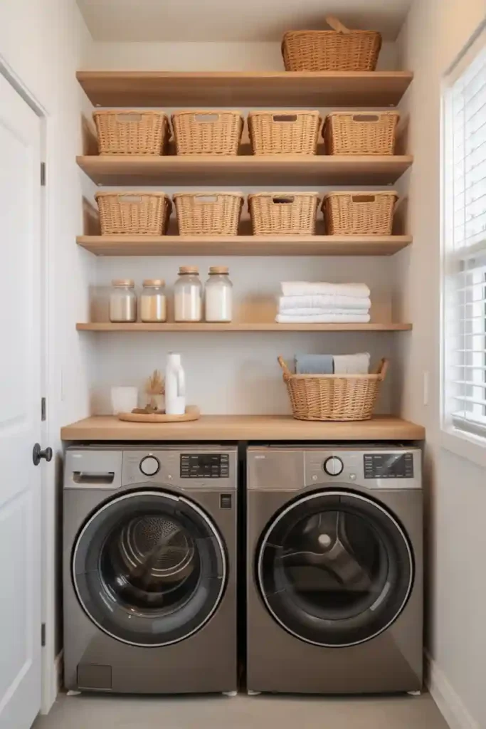 Floating Shelves Above the Washer and Dryer