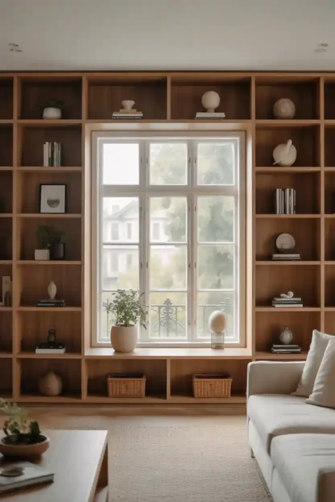 Built-In Shelving Framing a Large Window