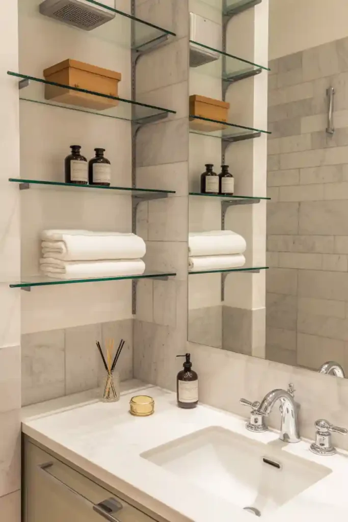 Glass Shelving Instead of Bulky Cabinets