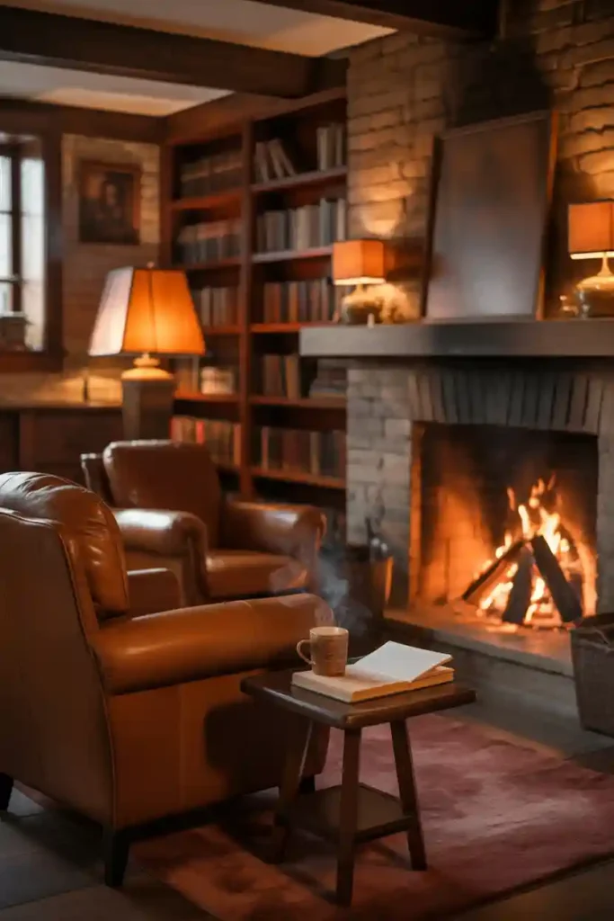 Cozy Reading Nook Basement with Fireplace