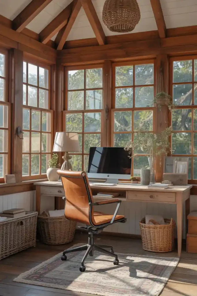 Rustic Wooden Sunroom Office
