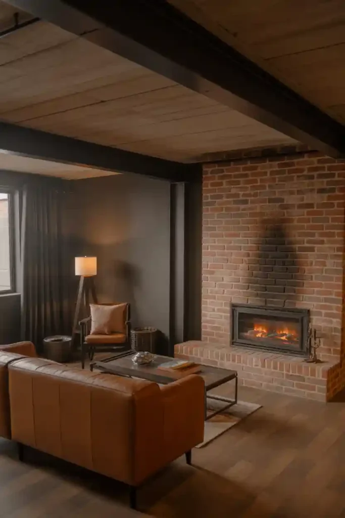 Industrial-Style Fireplace Basement