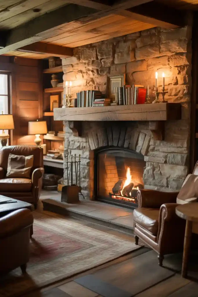 Rustic Fireplace Basement