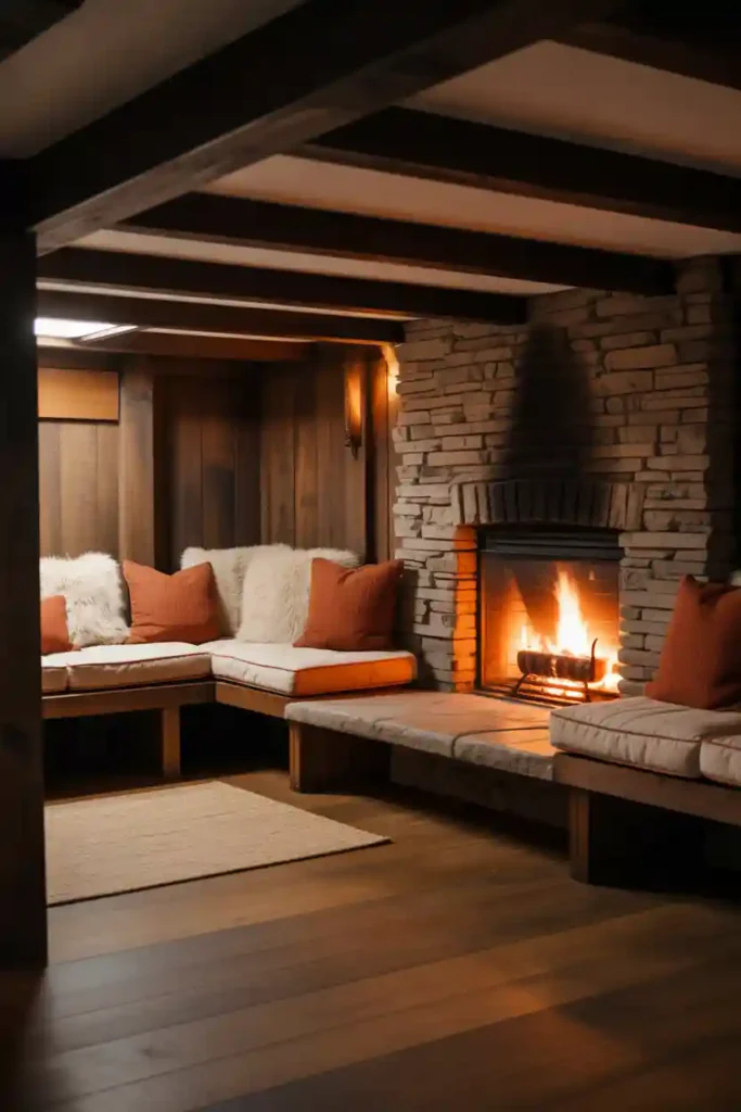 Basement Fireplace with Built-In Seating