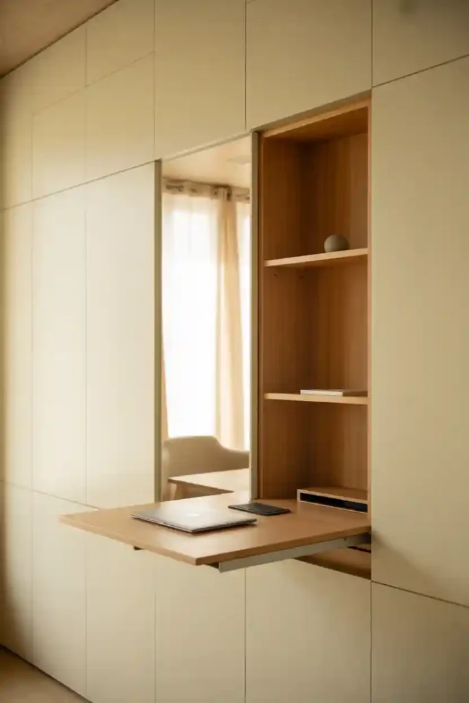 Fold-Away Desks with Concealed Shelving